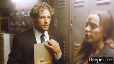 Milf boss Abigail Mac plays with a younger employee in the bathroom