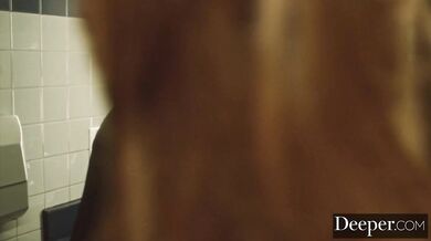 Milf boss Abigail Mac plays with a younger employee in the bathroom