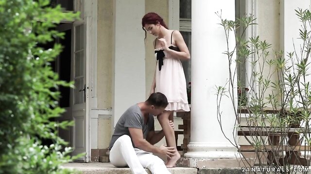 Redhead fucks boyfriend on porch