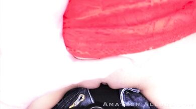 Red dressed milf swallows all the cum off her tongue!