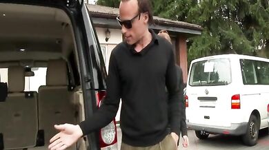 Fully clothed babe fucked in the back of a car