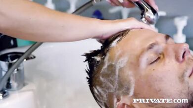 Blonde hairdresser sucks and fucks her client