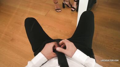 Two horny colleagues share my hard cock and take turns blowing and riding it!