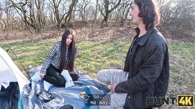 HUNT4K - Hot sex on the couch after meeting in the tent