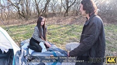 HUNT4K - Hot sex on the couch after meeting in the tent