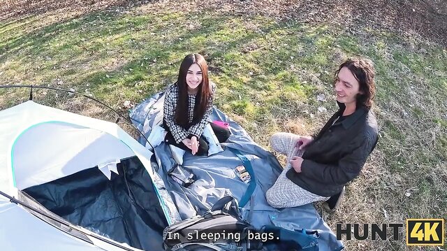 HUNT4K - Hot sex on the couch after meeting in the tent