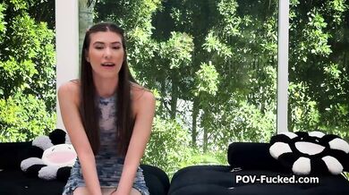 Natural brunette newbie interview before blowjob