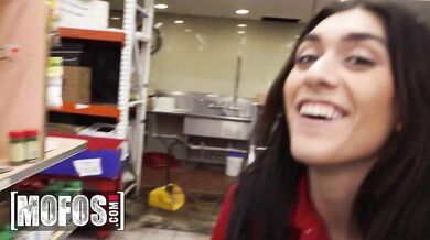 Horny Aubry Babcock Her Knees In The Store And Sucks Off Her Coworker In Public