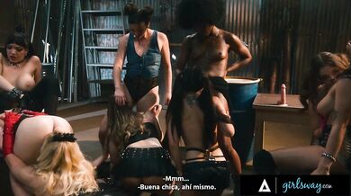 10 girl lesbian gangbang! Rough fisting, strap on sex and squirting!