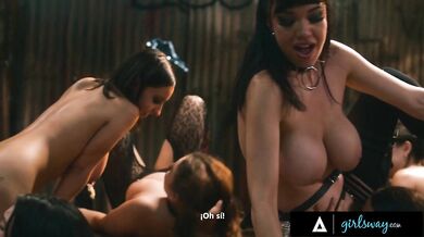 10 girl lesbian gangbang! Rough fisting, strap on sex and squirting!