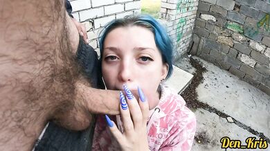 Cute schoolgirl has sex in abandoned building and gets cum on her face