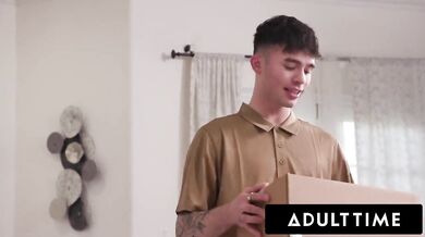 Five Sexy MILFs Reverse Gangbang Delivery Guy After Unboxing Lesbian Big Strap-Ons