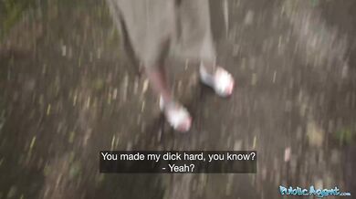 Brunette from the street shows beautiful big tits under her coat