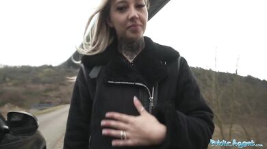 Hitchhiker fucked outdoors and indoors in fishnet body suit