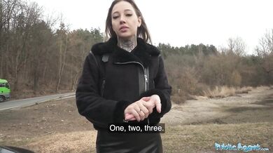 Hitchhiker fucked outdoors and indoors in fishnet body suit