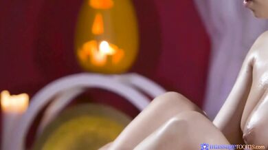 Natural sexy babe oiled and massaged by another hot babe on Halloweens