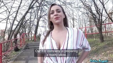 Ukrainian girl with amazing natural tits worried having outdoor sex