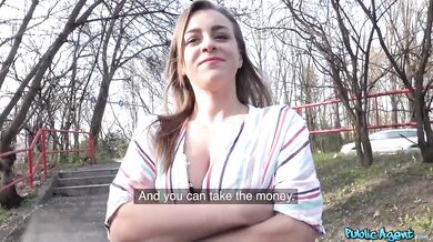 Ukrainian girl with amazing natural tits worried having outdoor sex