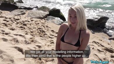 Blonde beach babe in bikini has risky sex In public