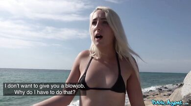Blonde beach babe in bikini has risky sex In public