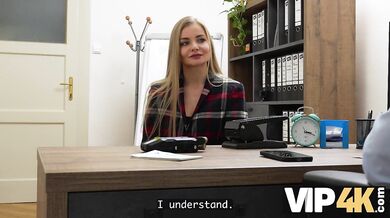 Horny Blonde Takes Off Her Panties In Front Of Her Loan Officer