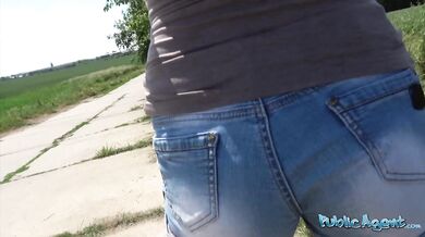 Public Agent cums on bashful brunettes shoes after fucking her outside