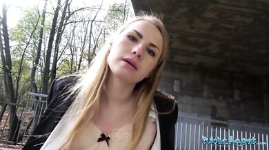 Horny blonde in tights creams on thick cock and swallows cum outside!