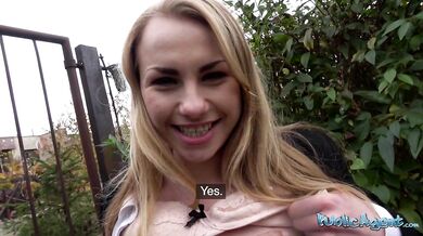 Horny blonde in tights creams on thick cock and swallows cum outside!
