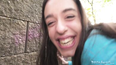 Brunette jogger with a great ass measures a big cock before fucking it