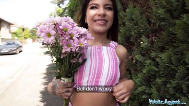 Cute South American brunette has sex in someone's garden