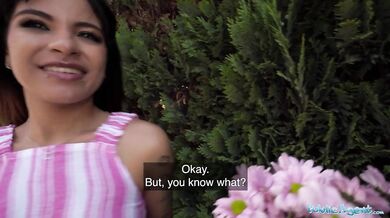 Cute South American brunette has sex in someone's garden