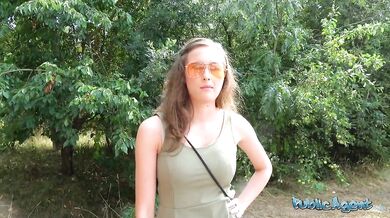 19yr old with perfect natural tits sucks cock outside and lets agent fuck her pussy