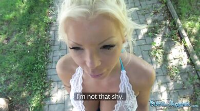 British busty slim housewife gets excited for risky blowjob and cheating sex outdoors