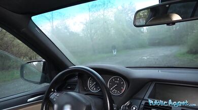 Blonde teen agrees to flash tits and pussy for money and takes creampie in back of car