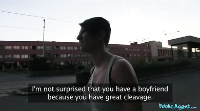 Cute babe with short hair and big natural juicy tits gets fucked outdoors in public
