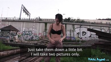 Cute babe with short hair and big natural juicy tits gets fucked outdoors in public