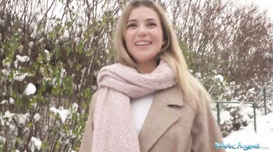 Cute blonde shows outdoor POV blowjob in secret location