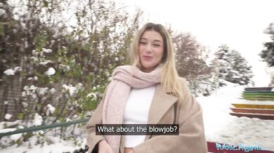 Cute blonde shows outdoor POV blowjob in secret location