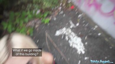 A hot blonde in a sexy red dress sucks dick in public and fucked