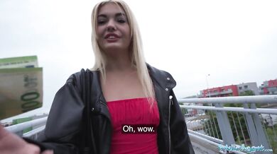 A hot blonde in a sexy red dress sucks dick in public and fucked
