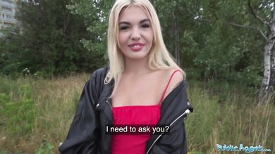 A hot blonde in a sexy red dress sucks dick in public and fucked