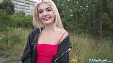 A hot blonde in a sexy red dress sucks dick in public and fucked