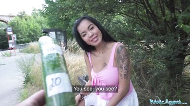 Asian hottie lets him insert a cucumber into her pussy to test her depth