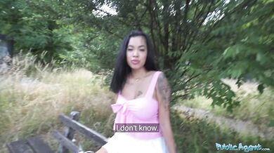 Asian hottie lets him insert a cucumber into her pussy to test her depth