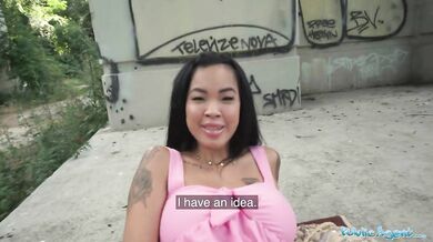 Asian hottie lets him insert a cucumber into her pussy to test her depth