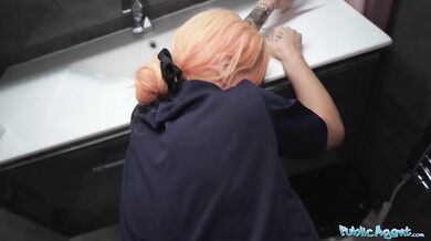Waitress makes a mess of his pants and offers to fuck him in the toilet