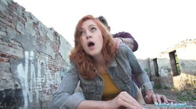 Sexy redhead waitress sucks cock and gets fucked doggystyle outside in public