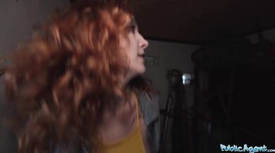 Sexy redhead waitress sucks cock and gets fucked doggystyle outside in public