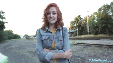 Sexy redhead waitress sucks cock and gets fucked doggystyle outside in public