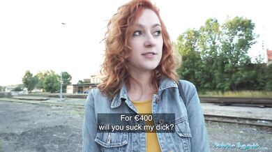 Sexy redhead waitress sucks cock and gets fucked doggystyle outside in public